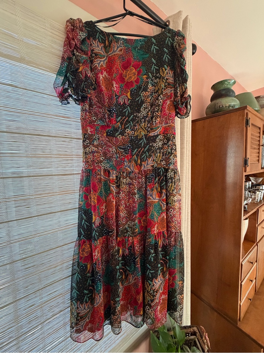 Vince Camuto Floral Mesh Midi Dress in Black, Red, Green